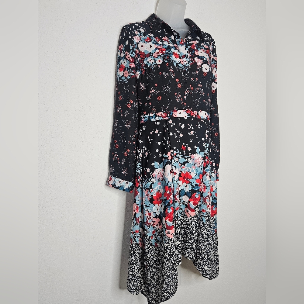 Julia Jordan Floral Button Front Fit And Flare Long Sleeve Sharkbite Hem Midi 6 - Picture 3 of 14